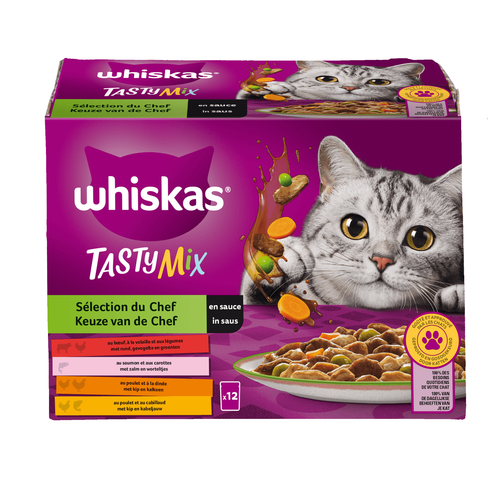 WHISKAS® Maaltijdzakjes Tasty Mix Keuze van de Chef in Saus 1+ 12x8