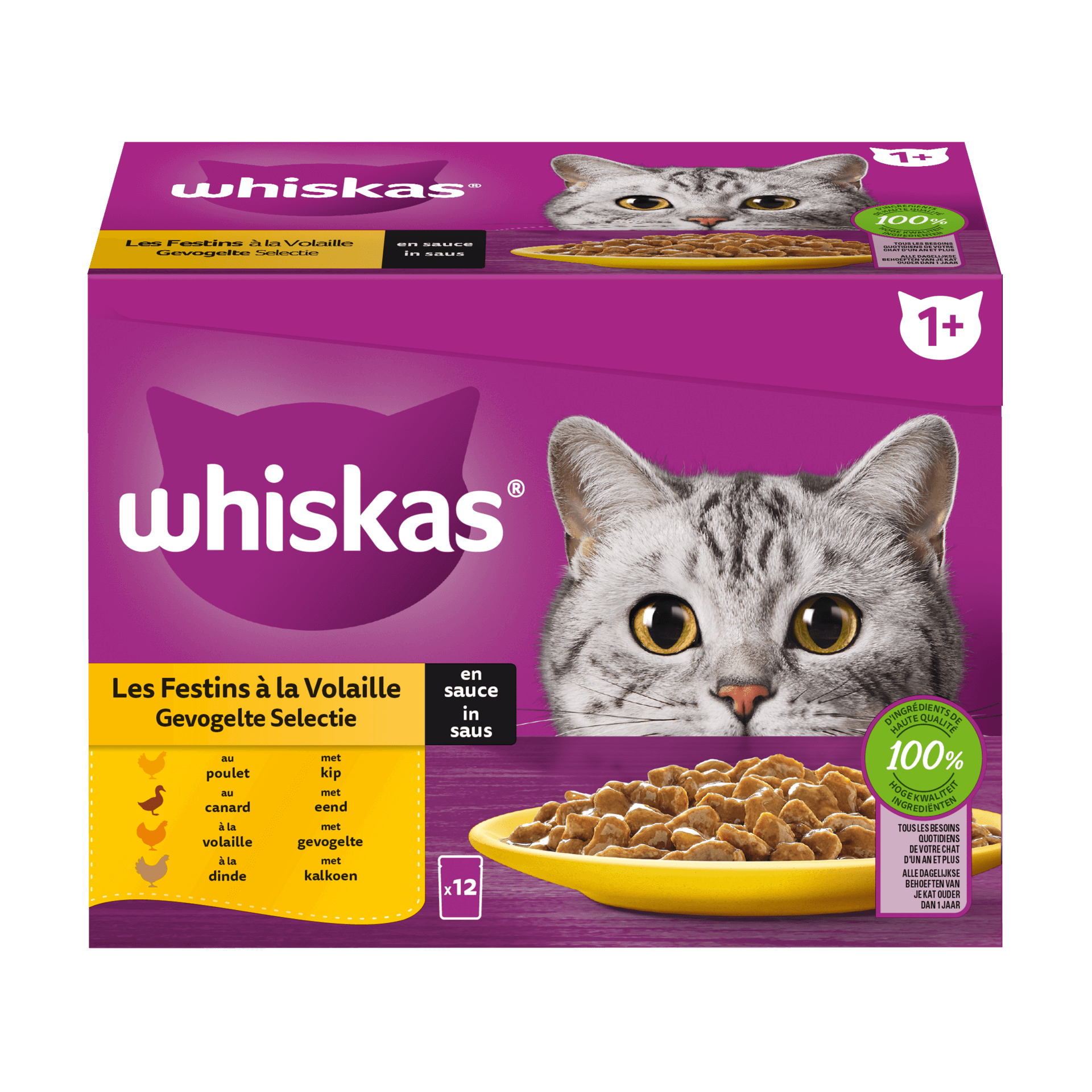 WHISKAS® Maaltijdzakjes Gevogelte Selectie in Saus 1+ 12x85g